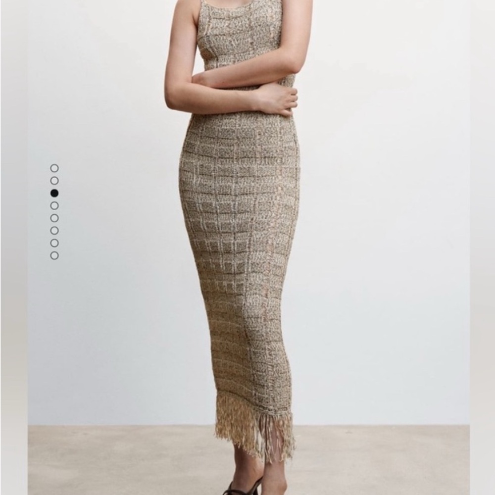 Chic Beige Knit Maxi Dress with Fringe